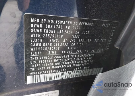 2011 Volkswagen Tiguan Se z USA, uszkodzony, nr VIN WVGAV7AX5BW552132